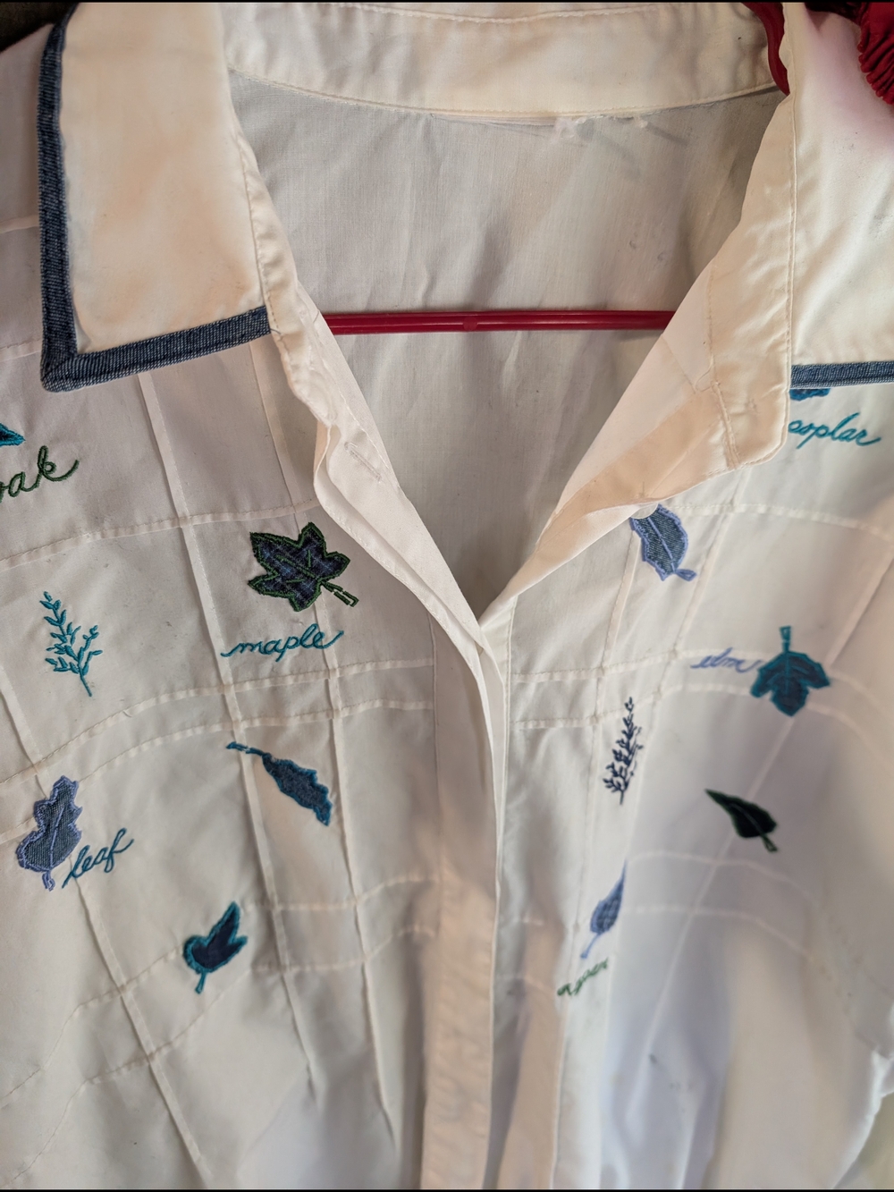 Women’s Navy Fall Leaf Hand Embroidered White Button Up Shirt Botanical Blouse